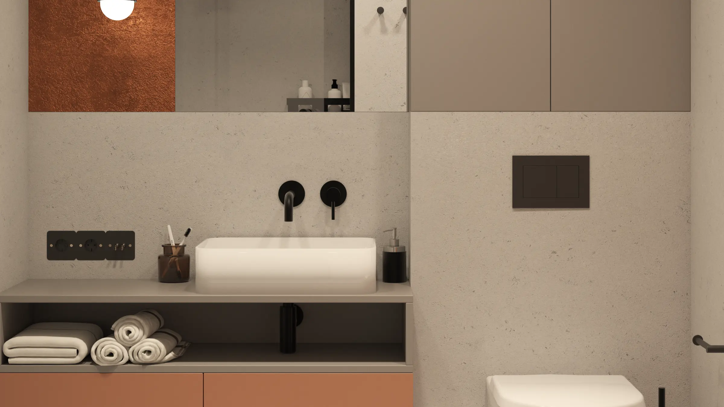 Nowoczesna łazienka z mikrocementem na ścianach i podłodze, brak fug ułatwia sprzątanie.