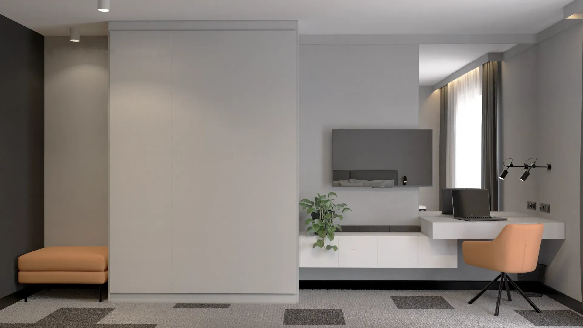 Przytulna i nowoczesna sypialnia z miejscem do pracy – biurko z laptopem, wygodne krzesło, duża szafa i miękka wykładzina na podłodze