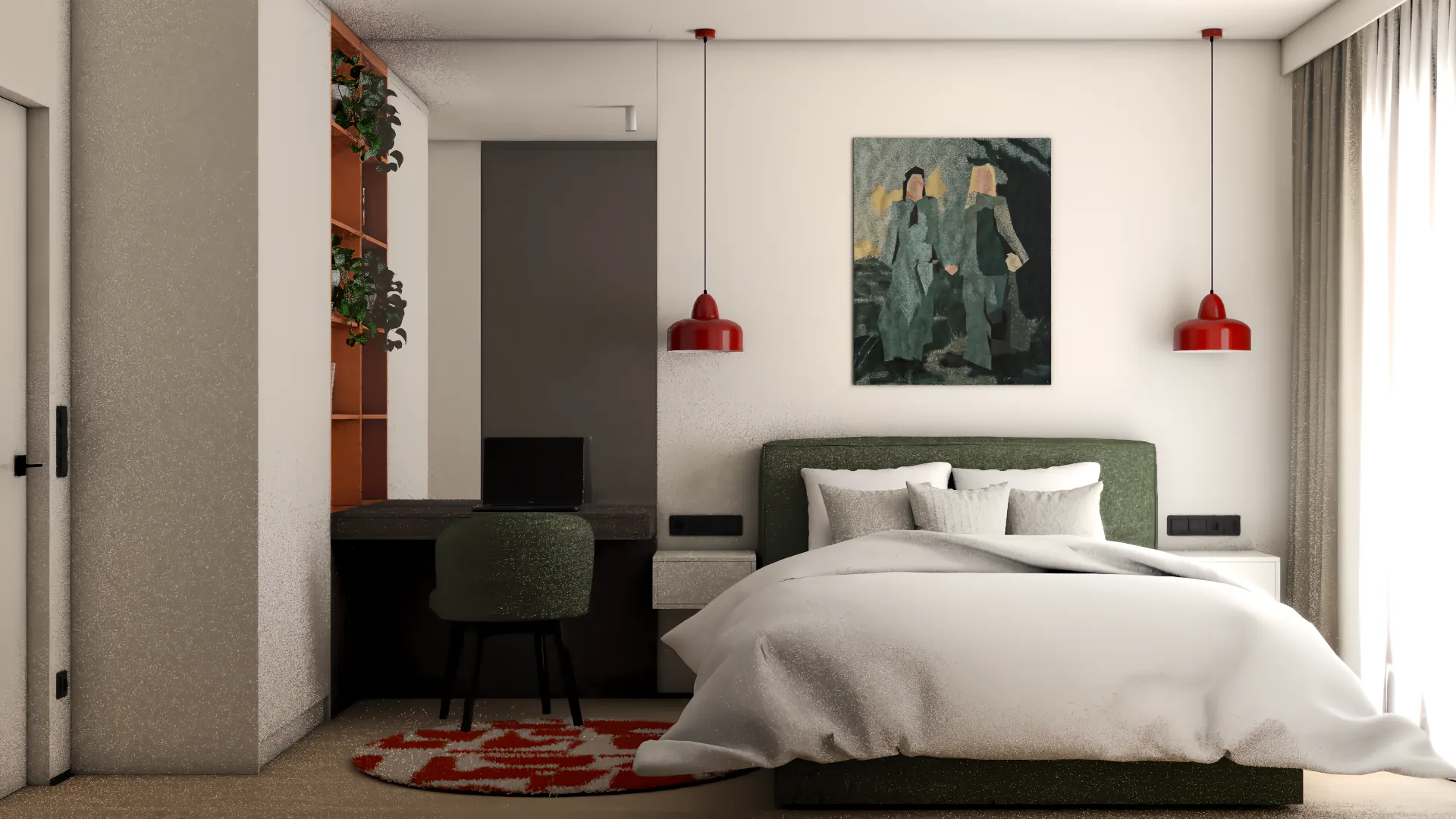 Nowoczesna sypialnia z miejscem do pracy, zielonym łóżkiem i ciepłym oświetleniem – praktyczny i estetyczny projekt mieszkania.