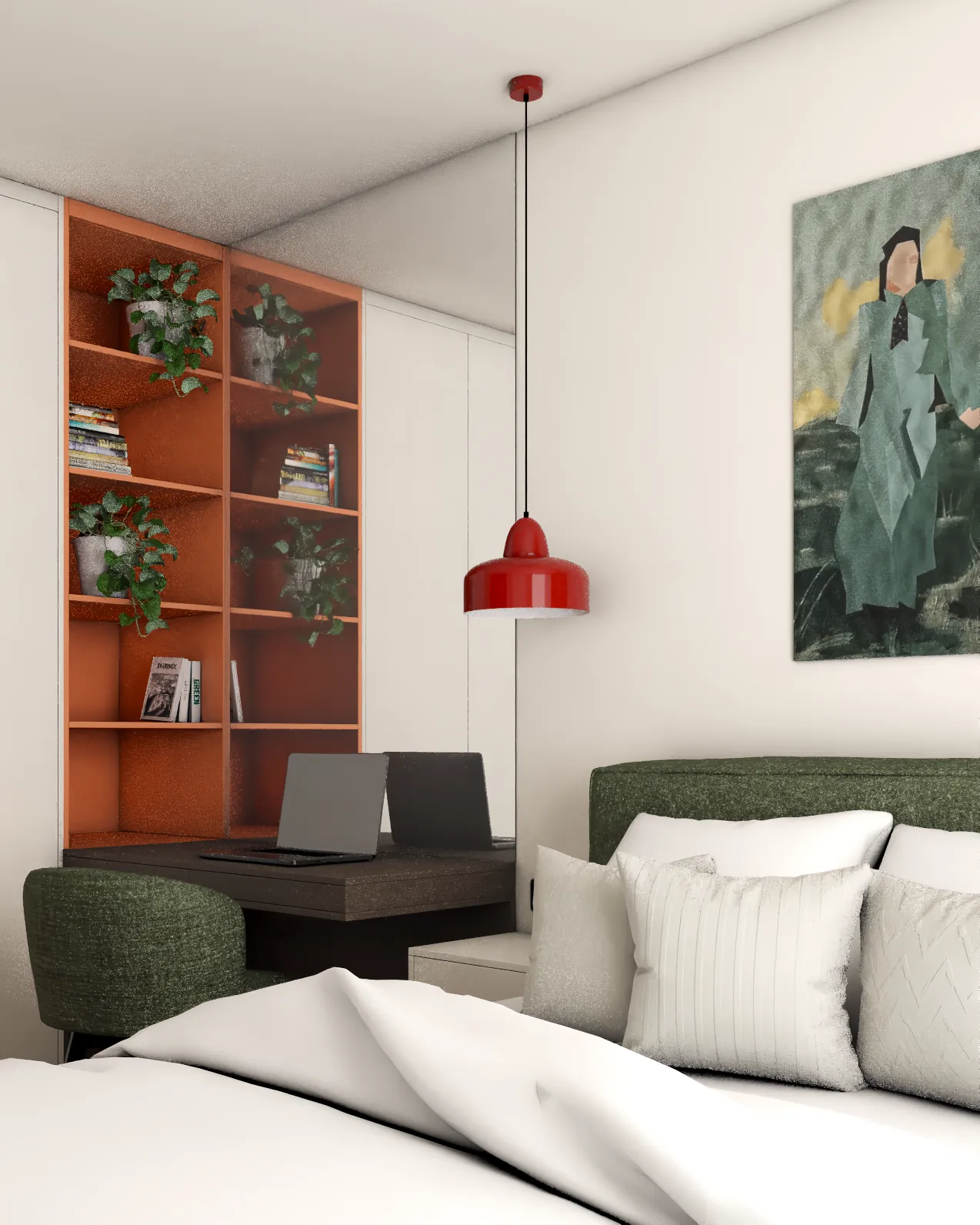 Sypialnia z biurkiem, zielonym łóżkiem i czerwonymi lampami – wygodna przestrzeń do pracy i odpoczynku w mieszkaniu.