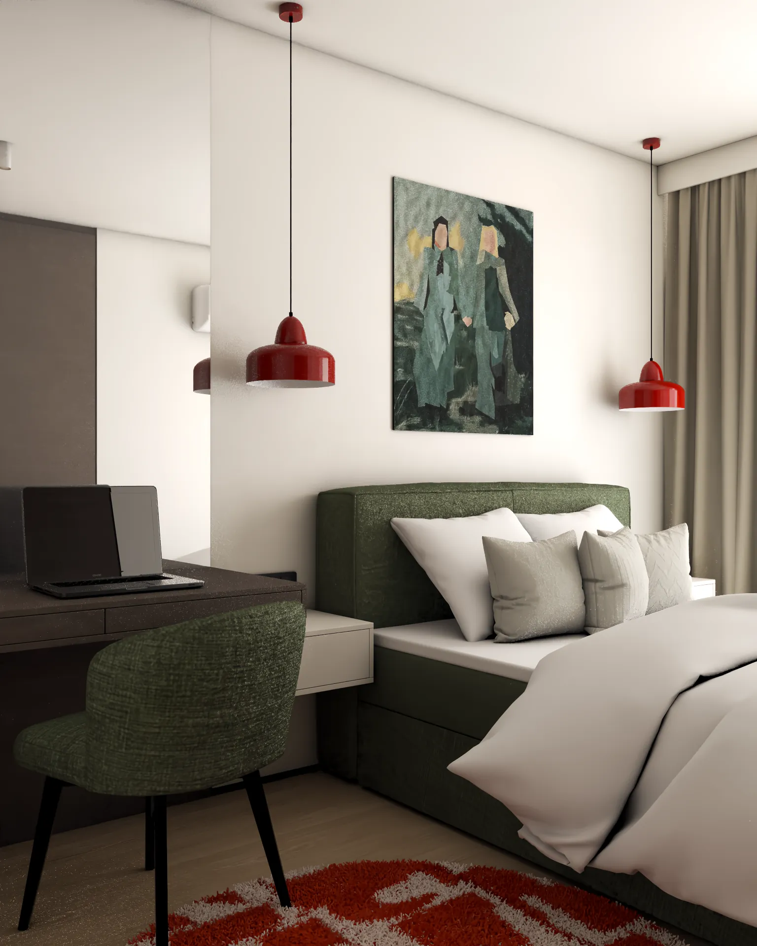 Przytulna sypialnia w nowoczesnym stylu z biurkiem do pracy w domu, wygodnym zielonym łóżkiem i czerwonymi lampami wiszącymi – projekt mieszkania.