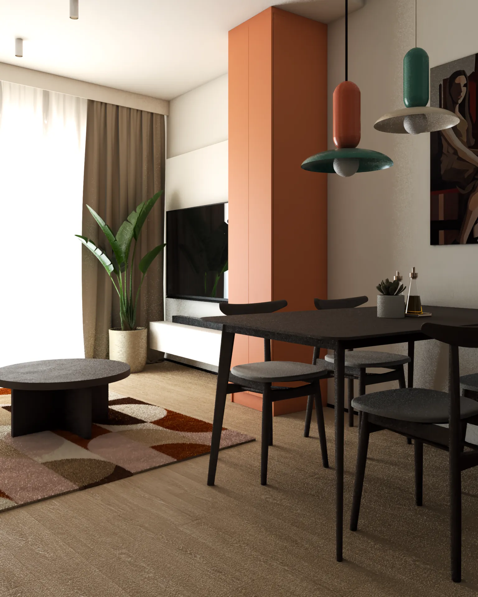 Salon z telewizorem, kolorowym dywanem i stołem jadalnianym w nowoczesnym stylu, z dodatkami w odcieniach pomarańczu i zieleni.