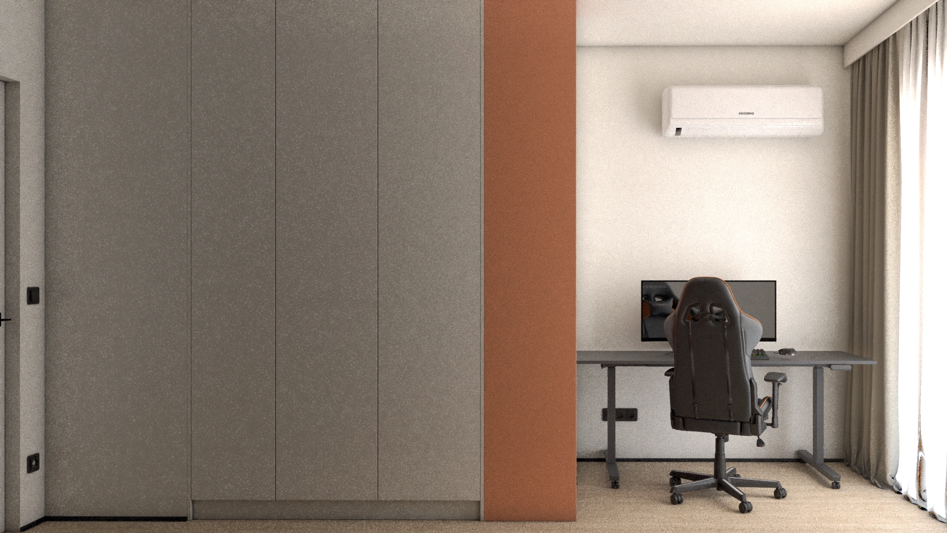 Nowoczesne biuro domowe z elektrycznym biurkiem regulowanym, wygodnym fotelem, dużym oknem, zasłonami i pojemną szafą do przechowywania. Przestrzeń zaprojektowana z myślą o komforcie pracy zdalnej i funkcjonalnym układem.