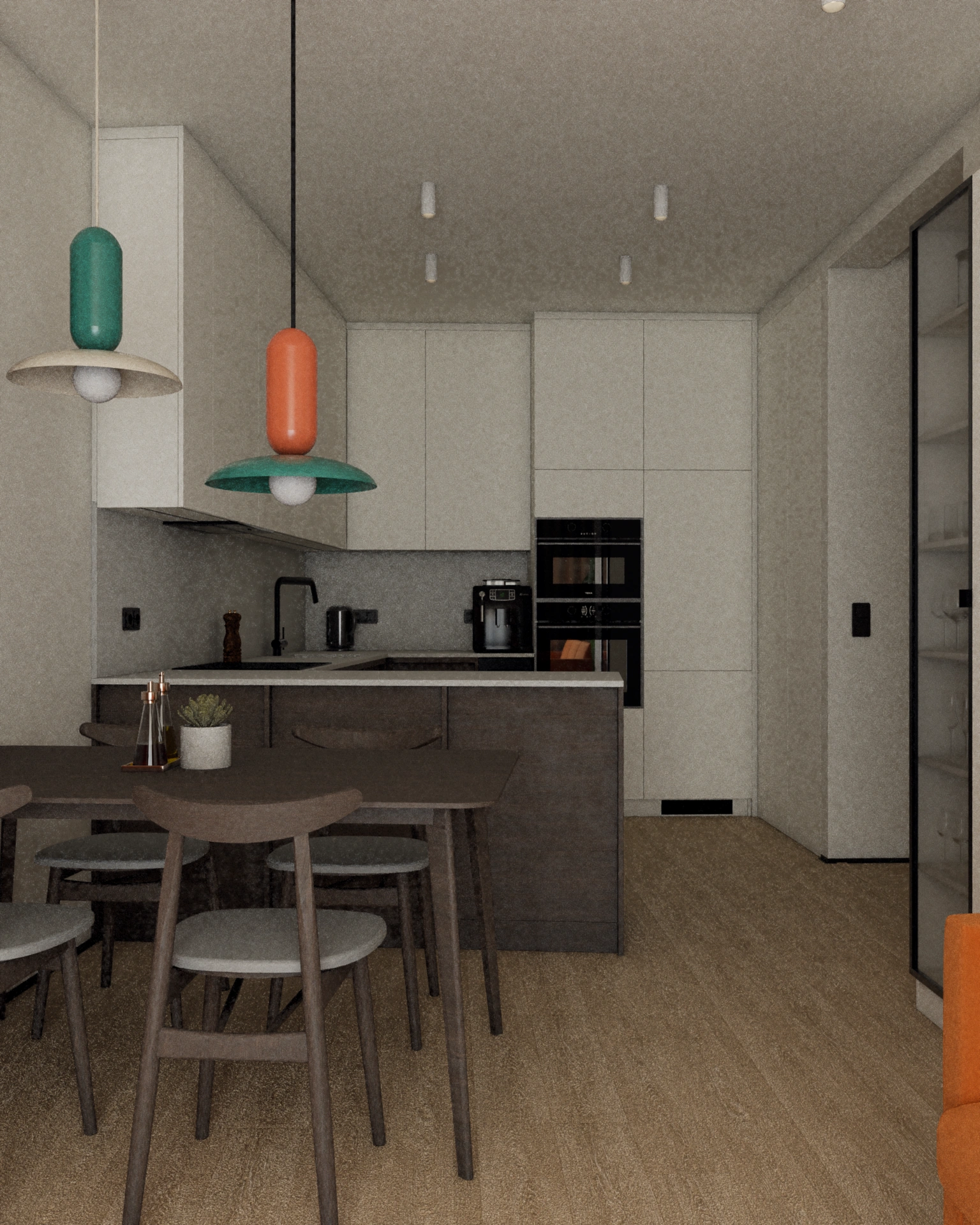 Nowoczesna kuchnia z wyspą i częścią jadalnianą w mieszkaniu, zaprojektowana w ponadczasowym stylu z funkcjonalnym układem, wysokiej jakości materiałami i miejscem do wspólnych posiłków.