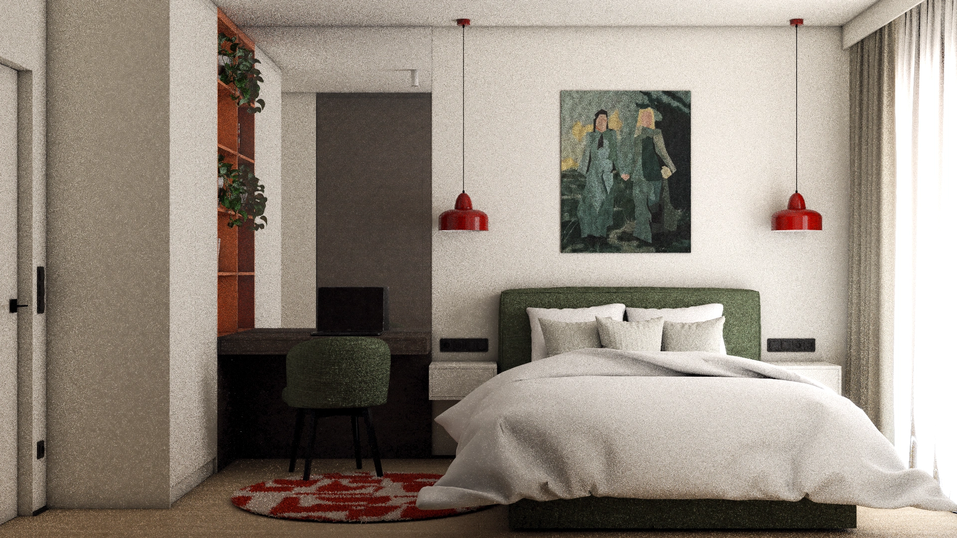 Nowoczesna sypialnia z miejscem do pracy, zielonym łóżkiem i ciepłym oświetleniem – praktyczny i estetyczny projekt wnętrza.