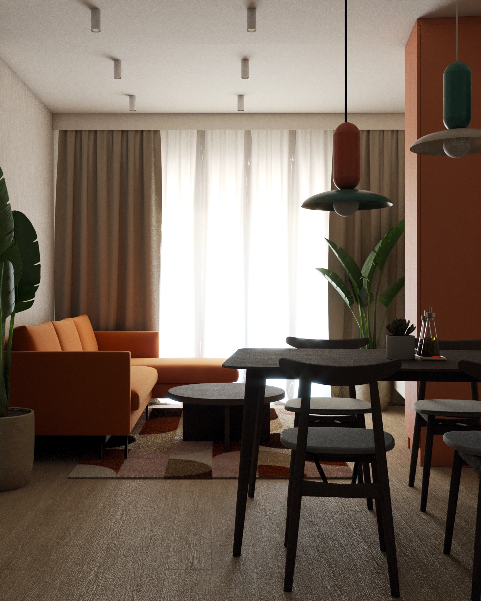 Nowoczesny salon połączony z jadalnią, z pomarańczową sofą, dużym oknem z zasłonami i drewnianym stołem, urządzony w ciepłych kolorach.