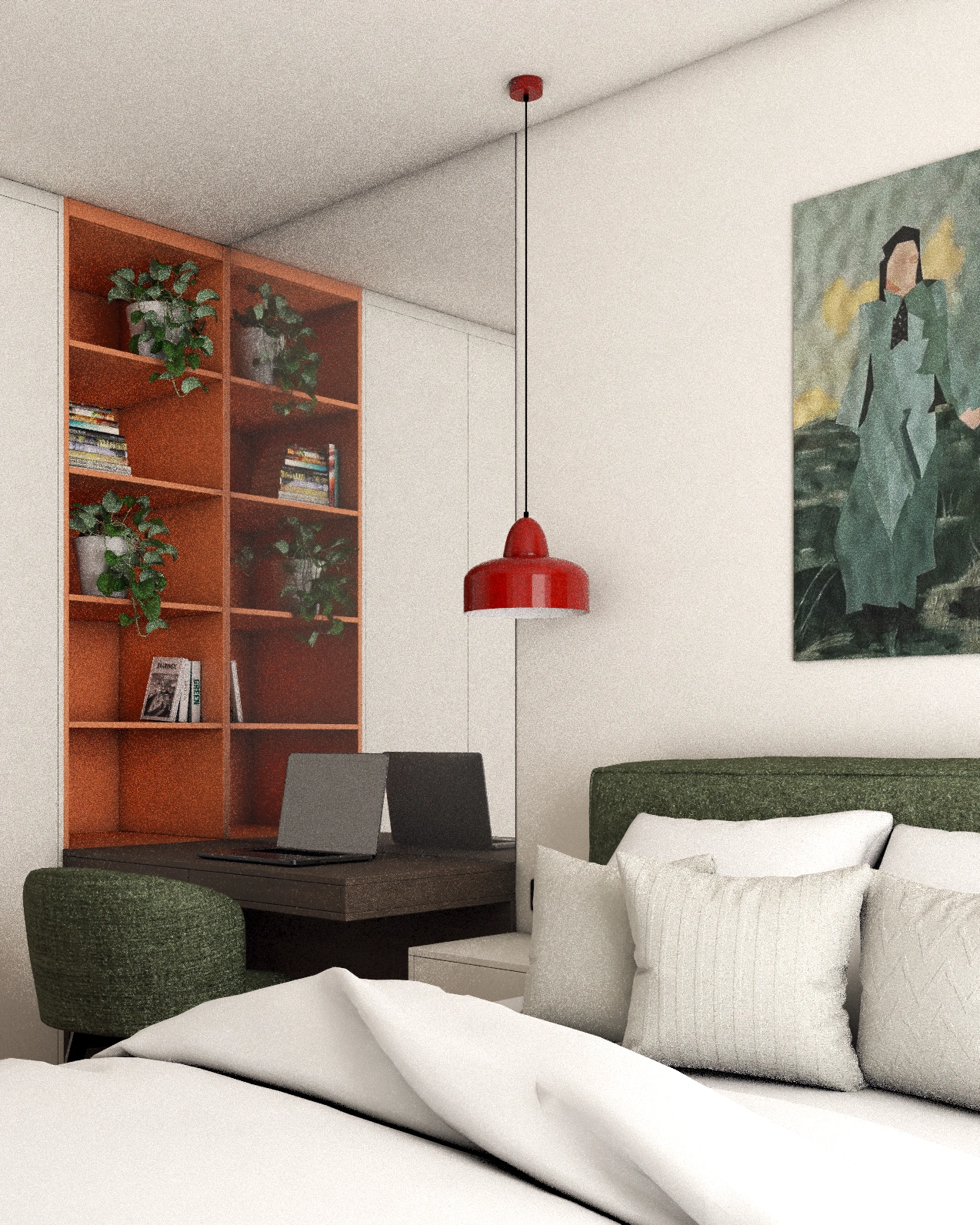 Sypialnia z biurkiem, zielonym łóżkiem i czerwonymi lampami – wygodna przestrzeń do pracy i odpoczynku w mieszkaniu.