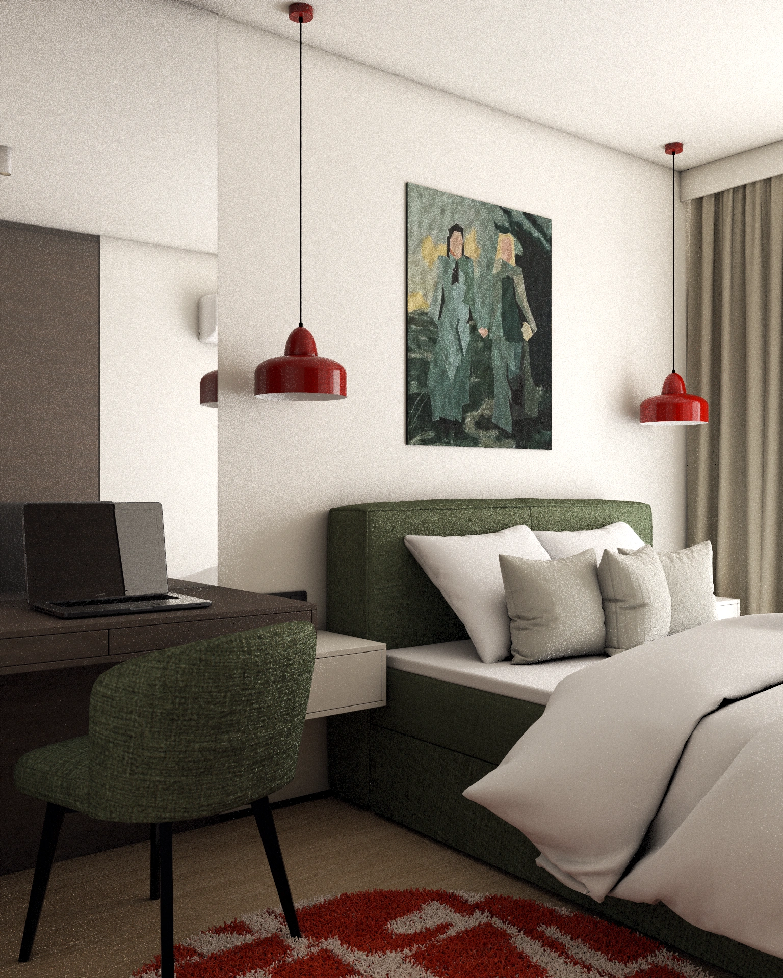 Przytulna sypialnia w nowoczesnym stylu z biurkiem do pracy w domu, wygodnym zielonym łóżkiem i czerwonymi lampami wiszącymi – projekt mieszkania.