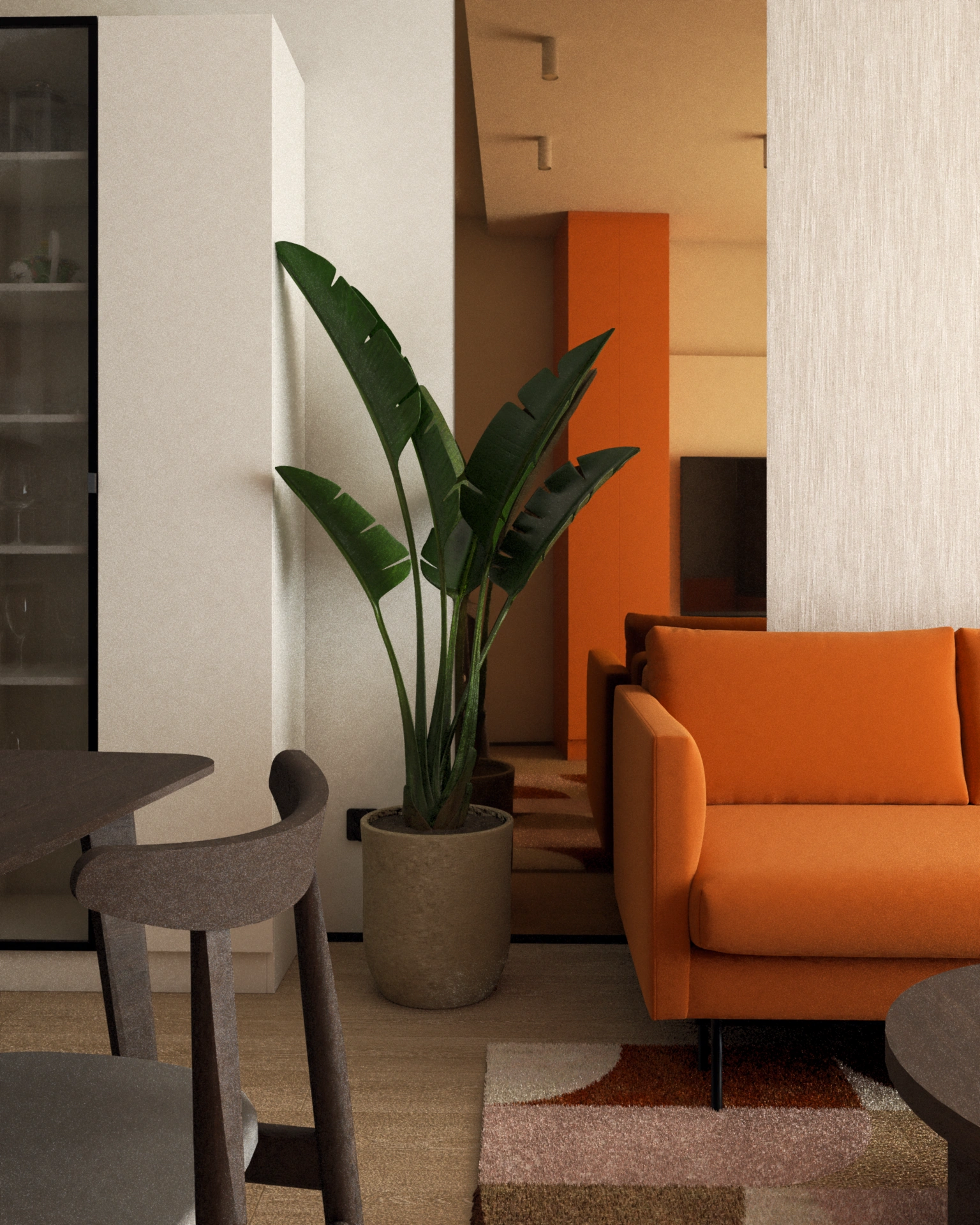 Przytulny salon z wygodną pomarańczową sofą, dużą zieloną rośliną w donicy i drewnianym stołem oraz akcentem w postaci brązowego lustra, idealny do relaksu i spotkań w nowoczesnym mieszkaniu.