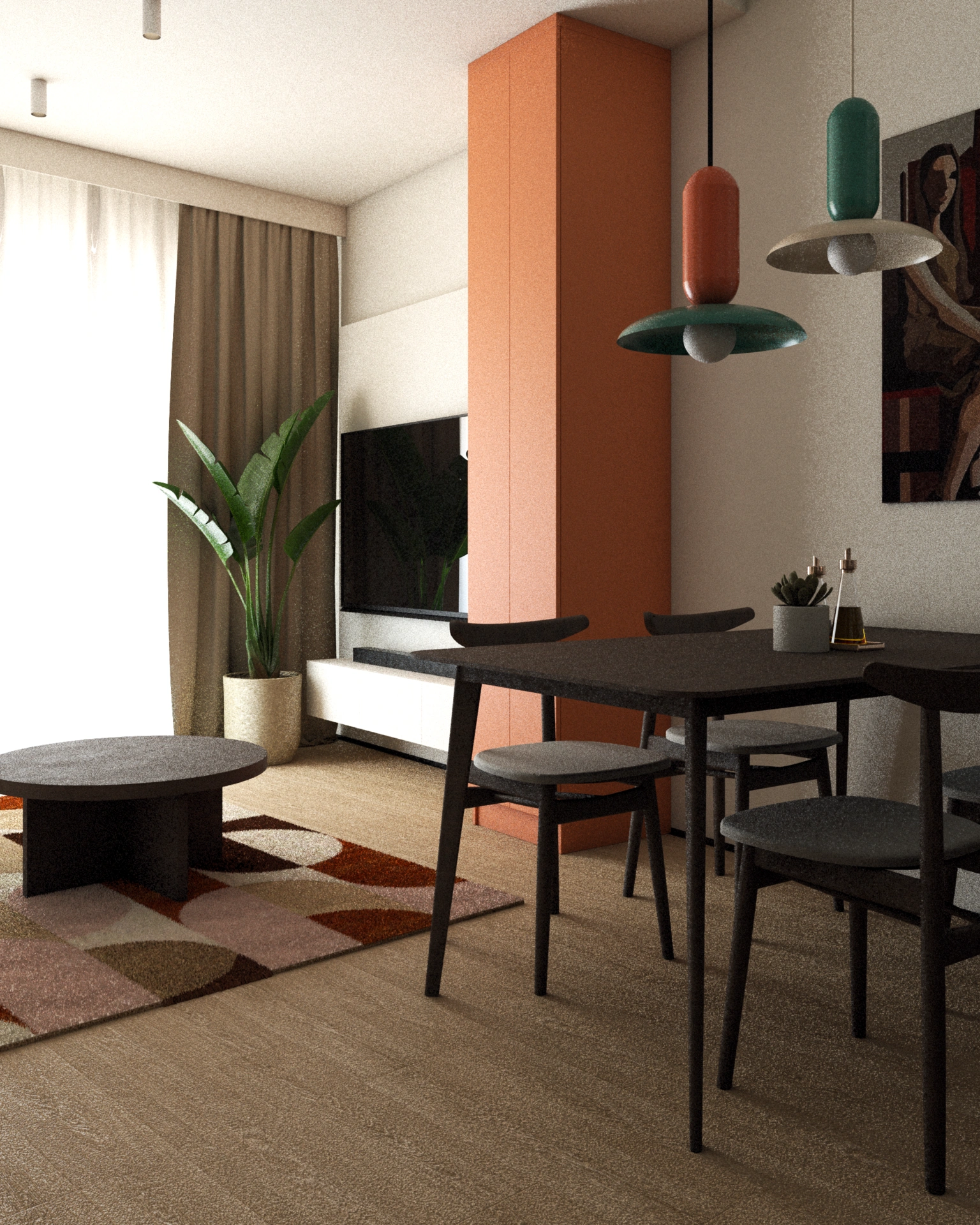 Salon z telewizorem, kolorowym dywanem i stołem jadalnianym w nowoczesnym stylu, z dodatkami w odcieniach pomarańczu i zieleni.