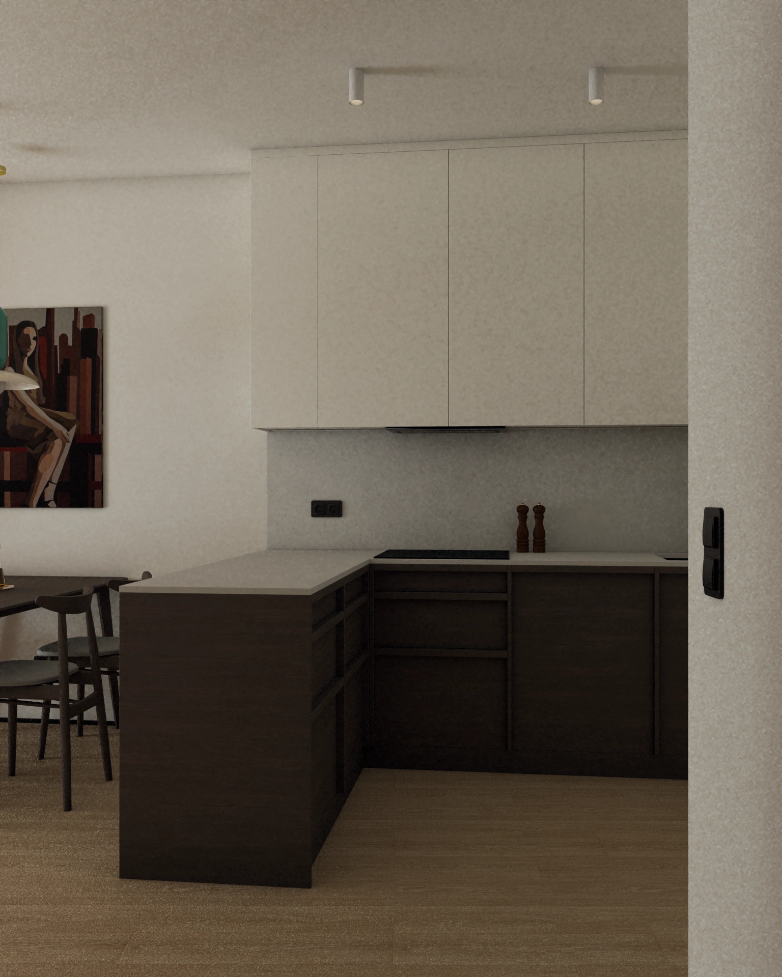 Stonowana i klasyczna kuchnia z wyspą, ciemnym drewnem w dolnych szafkach i jasnymi szafkami wiszącymi, urządzona w elegancki i ponadczasowy sposób.