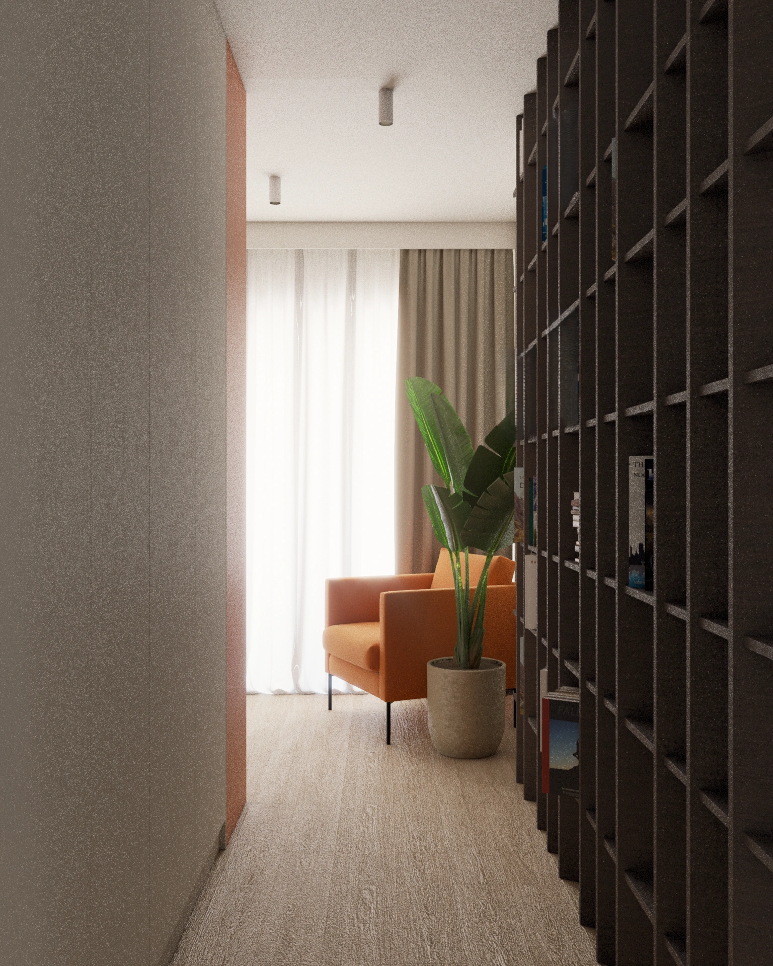 Stylowe wejście do domowego biura w mieszkaniu, z dużym regałem na książki, wygodnym pomarańczowym fotelem i rośliną doniczkową – nowoczesny, funkcjonalny projekt wnętrza sprzyjający pracy i relaksowi.