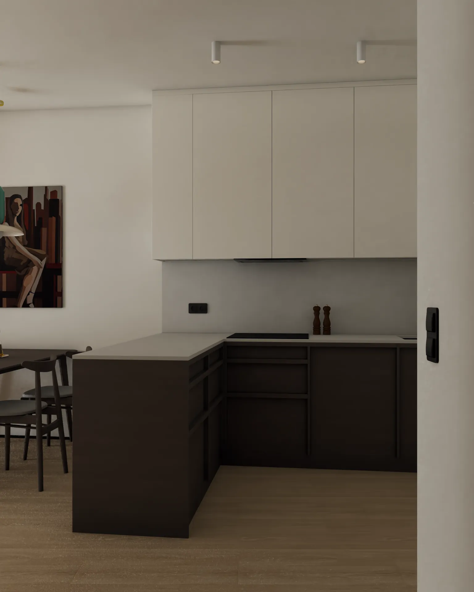 Stonowana i klasyczna kuchnia z wyspą, ciemnym drewnem w dolnych szafkach i jasnymi szafkami wiszącymi, urządzona w elegancki i ponadczasowy sposób.