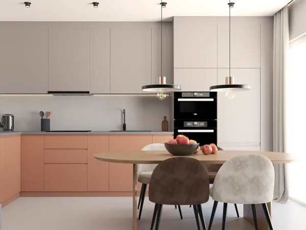 Nowoczesna kuchnia z dużą zabudową i stołem jadalnianym – funkcjonalna przestrzeń do gotowania i wspólnych posiłków.