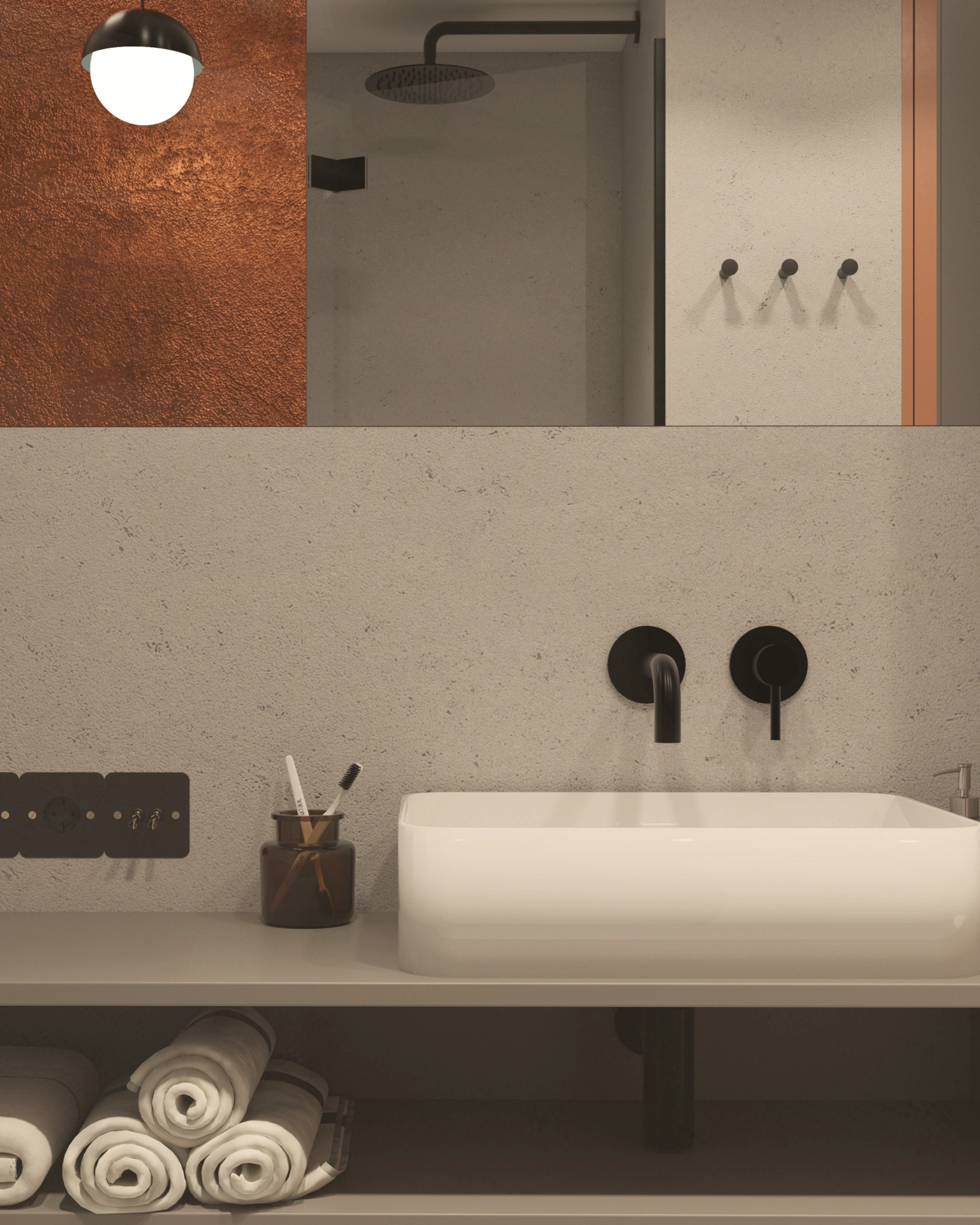 Łazienka z umywalką nablatową i czarną baterią podtynkową, która jest łatwa do sprzątania, dzięki brakowi fug.