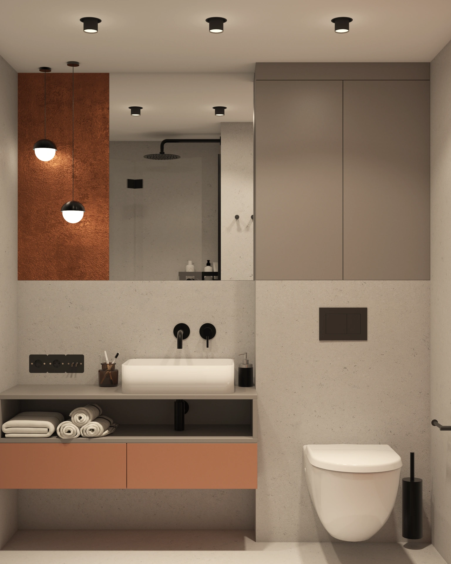 Nowoczesna, ciepła łazienka z dużą ilością szaf, umywalką nablatową i baterią podtynkową.