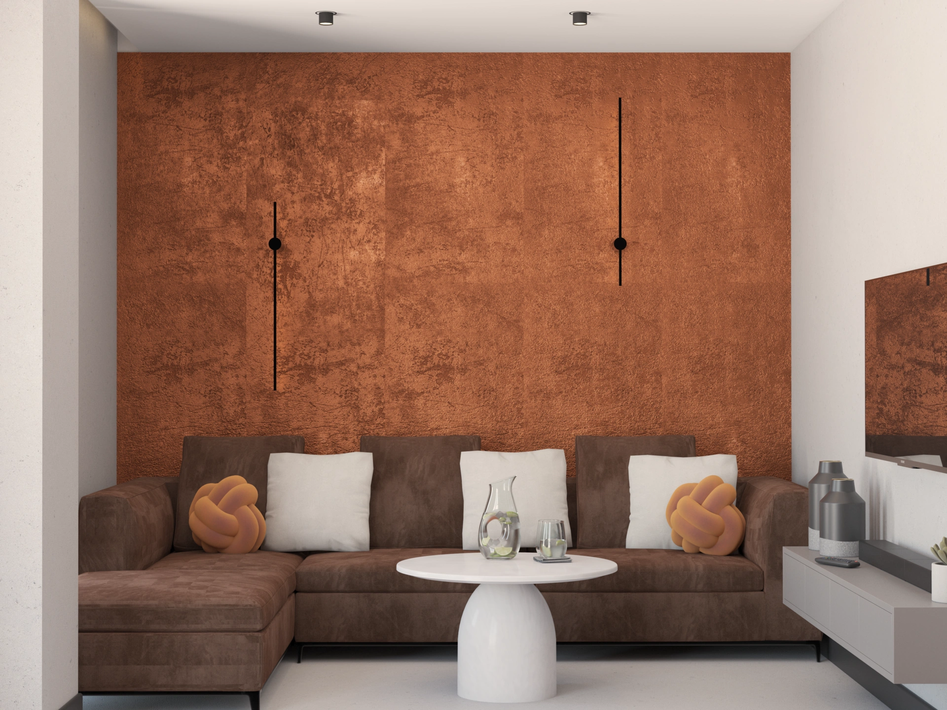 Przytulny salon z dużą, wygodną kanapą w kształcie litery L i ścianą w ciepłym odcieniu miedzi. Idealna przestrzeń do odpoczynku po pracy – nowoczesna, ale ponadczasowa aranżacja z charakterem.