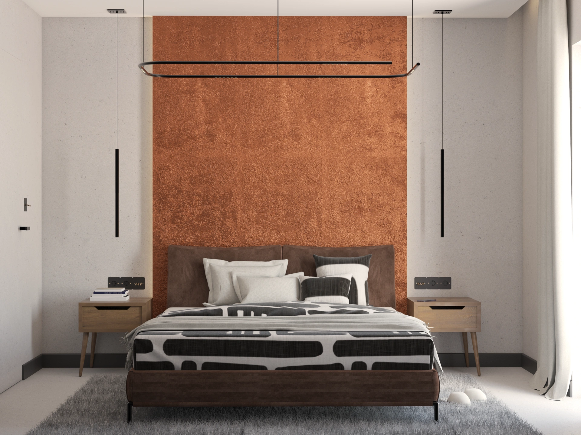 Nowoczesna i przytulna sypialnia z wygodnym łóżkiem i ścianą z oryginalnym metalicznym akcentem w kolorze miedzi. Przemyślana, ponadczasowa aranżacja dla osób ceniących jakość, komfort i estetykę.