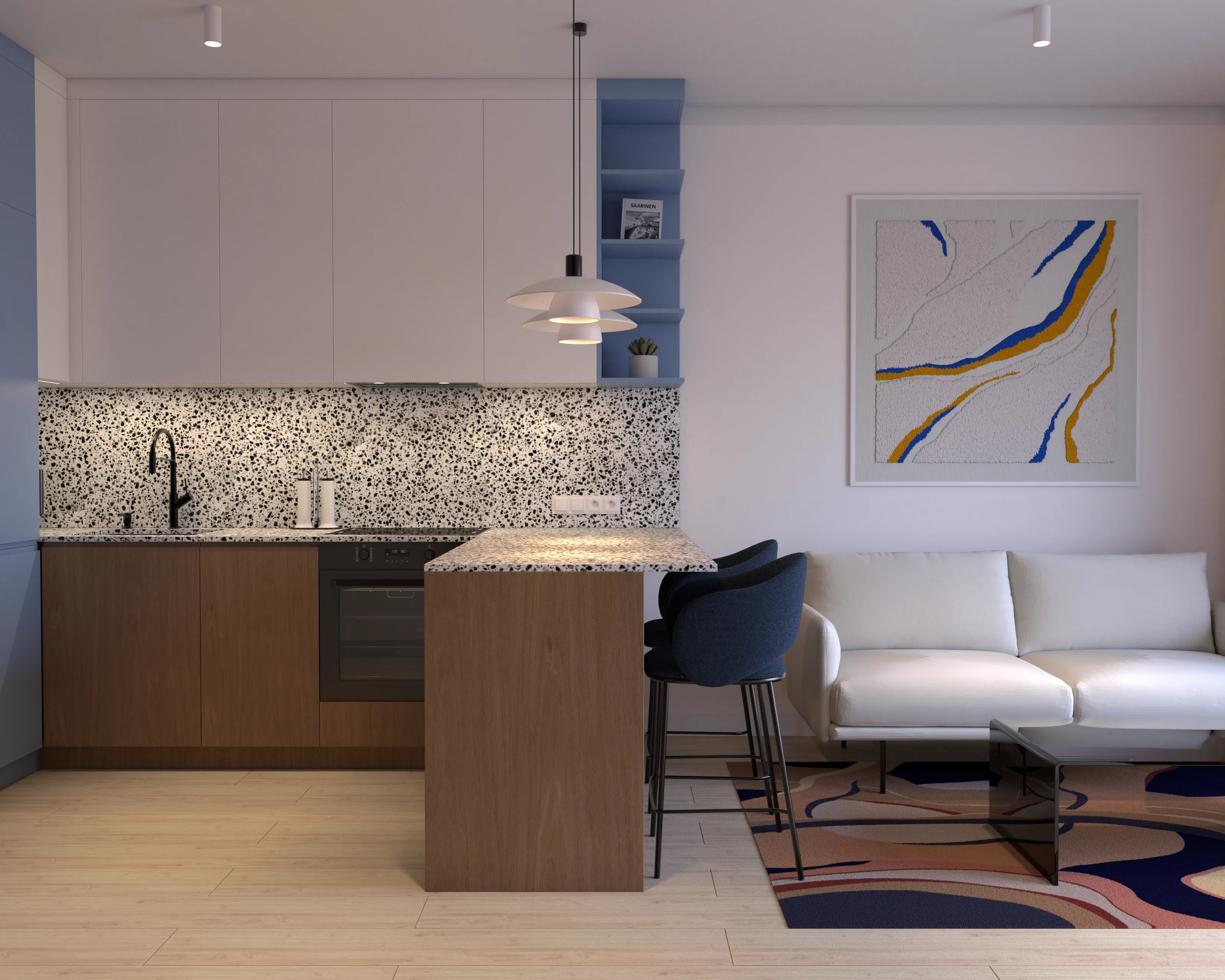 Nowoczesny minimalistyczny salon z białą kanapą i abstrakcyjnym obrazem na ścianie – elegancka aranżacja wnętrza z inspiracjami projektowymi.