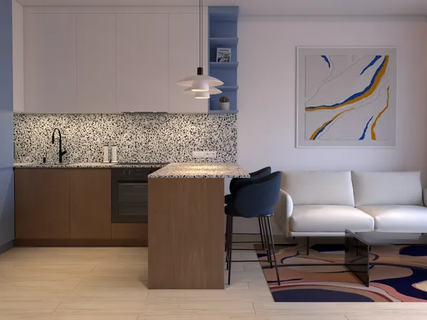 Nowoczesny minimalistyczny salon z białą kanapą i abstrakcyjnym obrazem na ścianie – elegancka aranżacja wnętrza z inspiracjami projektowymi.