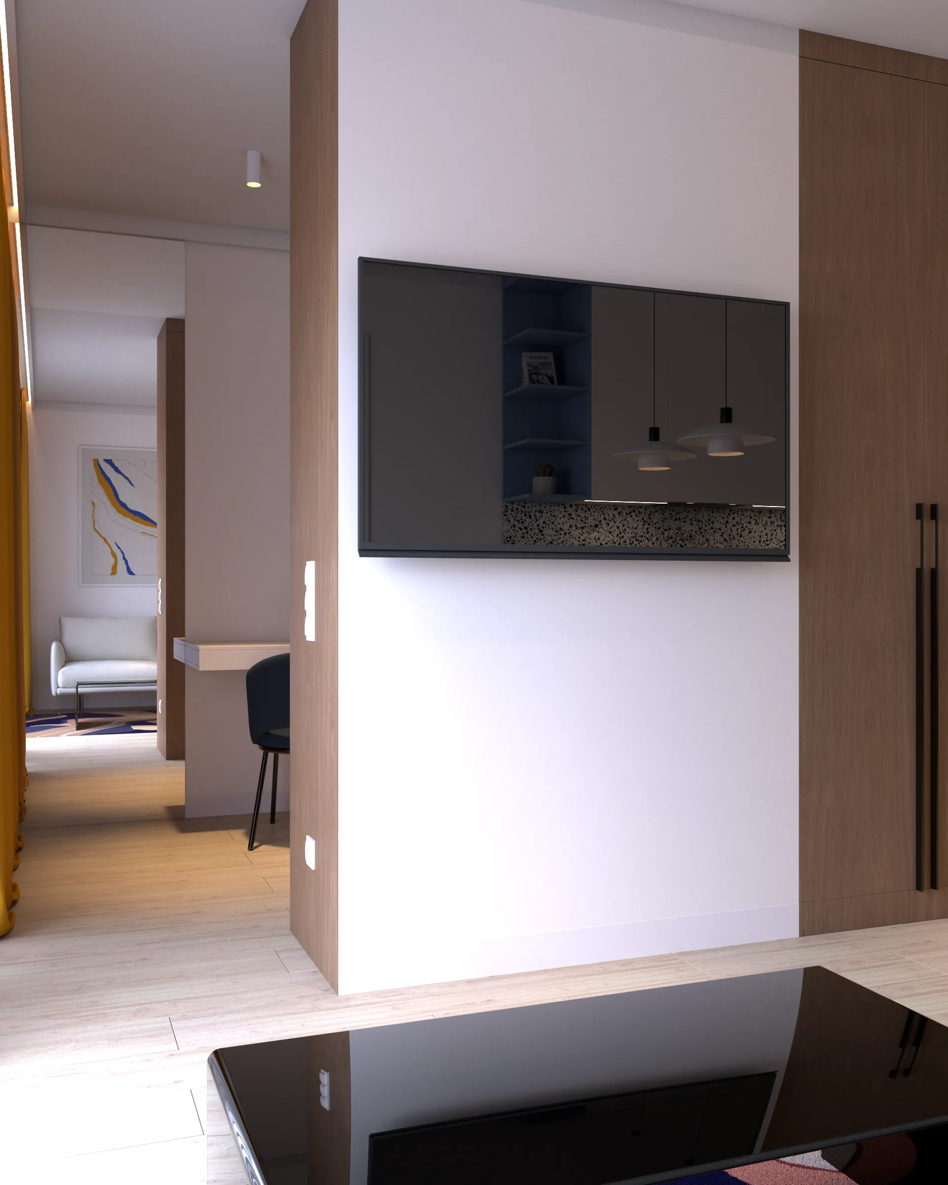 Małe mieszkanie w stylu nowoczesnym z komfortowym salonem – przemyślana aranżacja maksymalizująca przestrzeń i funkcjonalność.