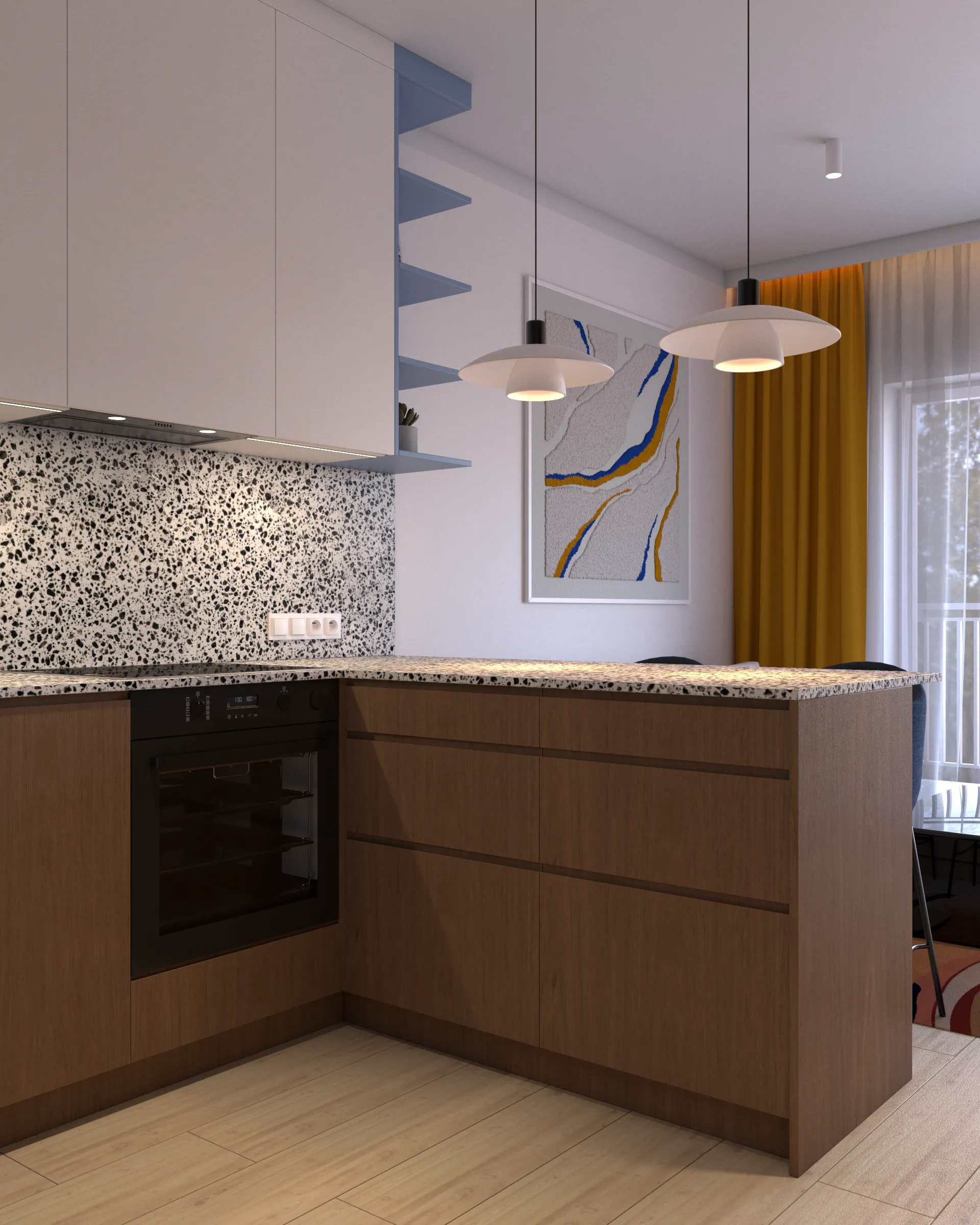 Nowoczesna kuchnia z wyspą, blatem terrazzo i drewnianymi frontami – elegancka aranżacja apartamentu z inspiracjami wnętrzarskimi.