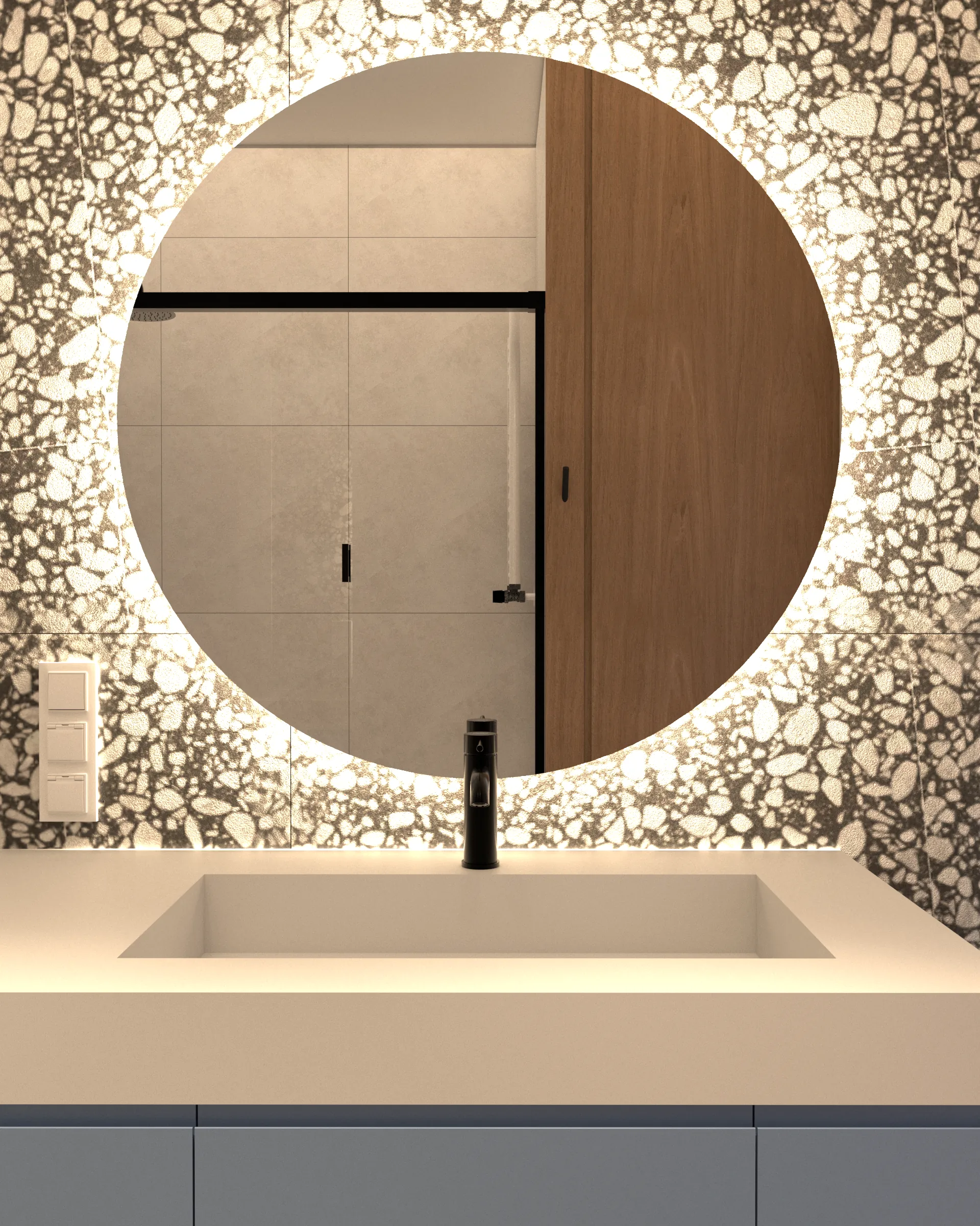 Nowoczesna łazienka z niebieską zabudową, podwieszaną szafką, czarną armaturą i umywalką – funkcjonalny projekt apartamentu.