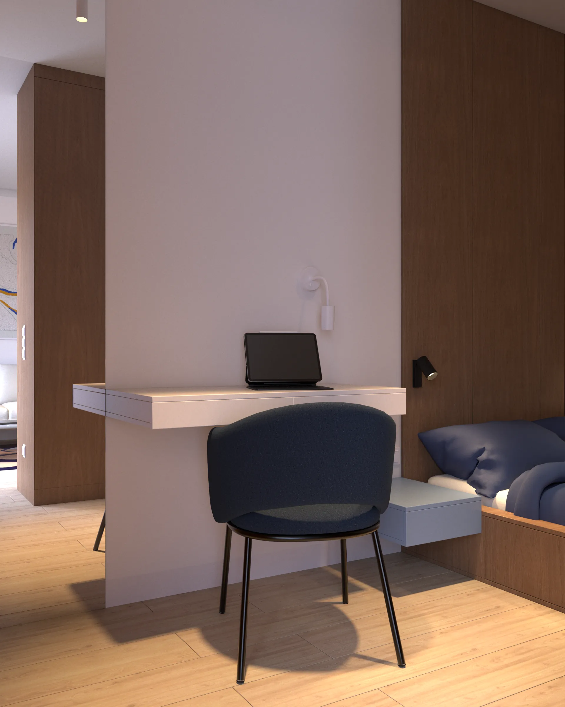 Miejsce do pracy z łóżkiem i zabudową – funkcjonalna przestrzeń w apartamencie łącząca komfort pracy z relaksem.