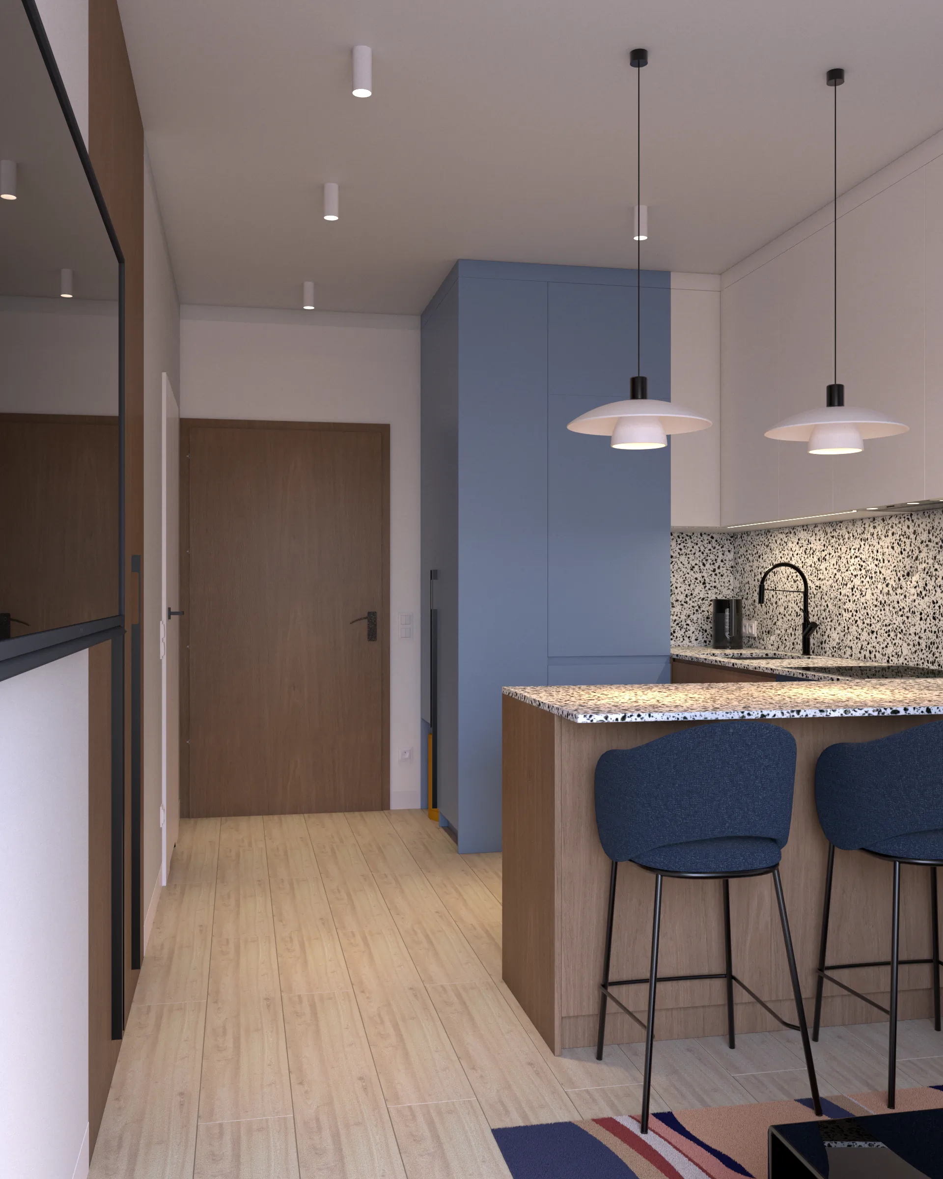 Przedpokój wejściowy do mieszkania z dużym lustrem i drewnianymi drzwiami – minimalistyczna aranżacja wnętrza.