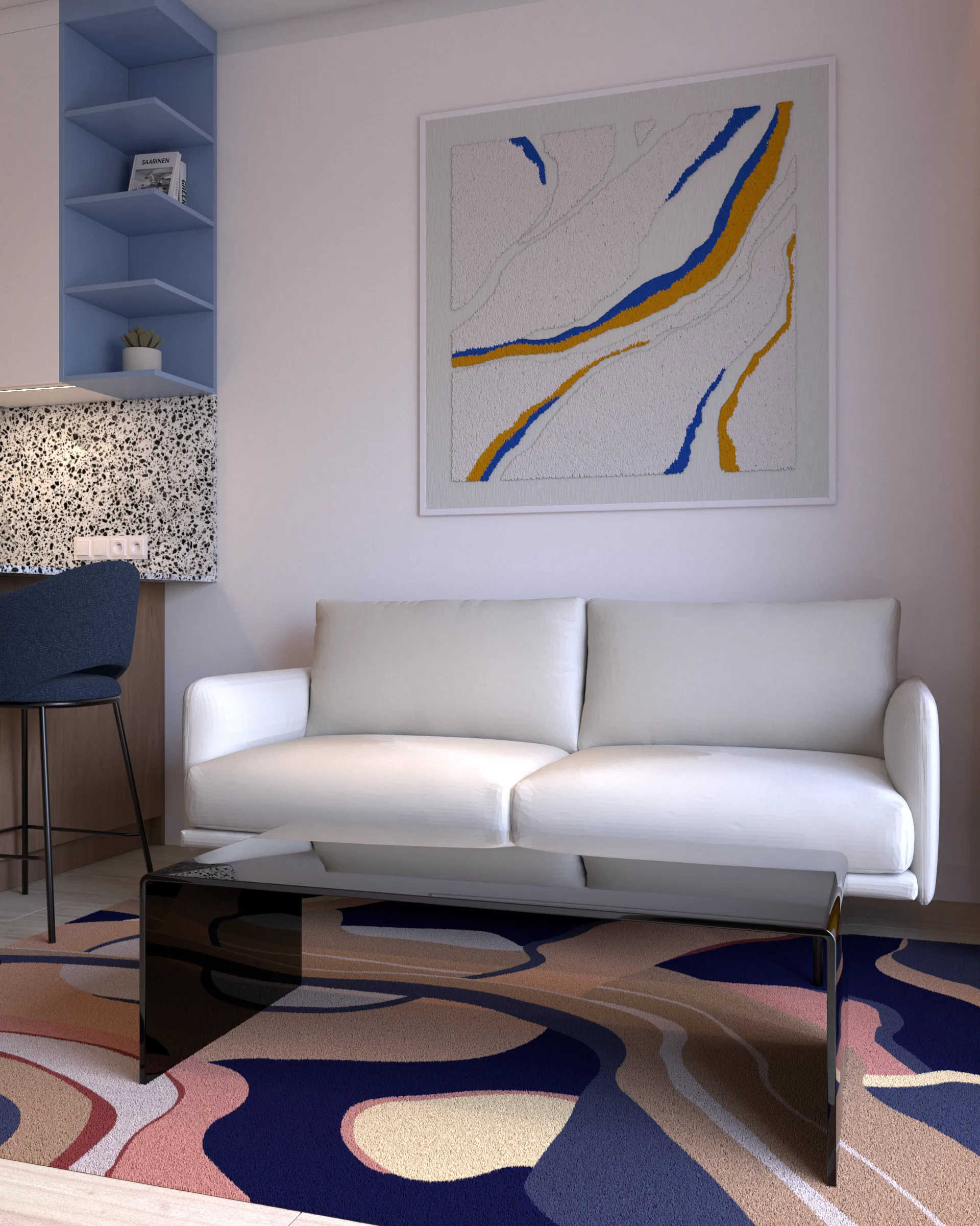 Salon z dywanem, abstrakcyjnym obrazem i białą kanapą – artystyczna aranżacja projektu wnętrza łącząca elegancję z charakterem.