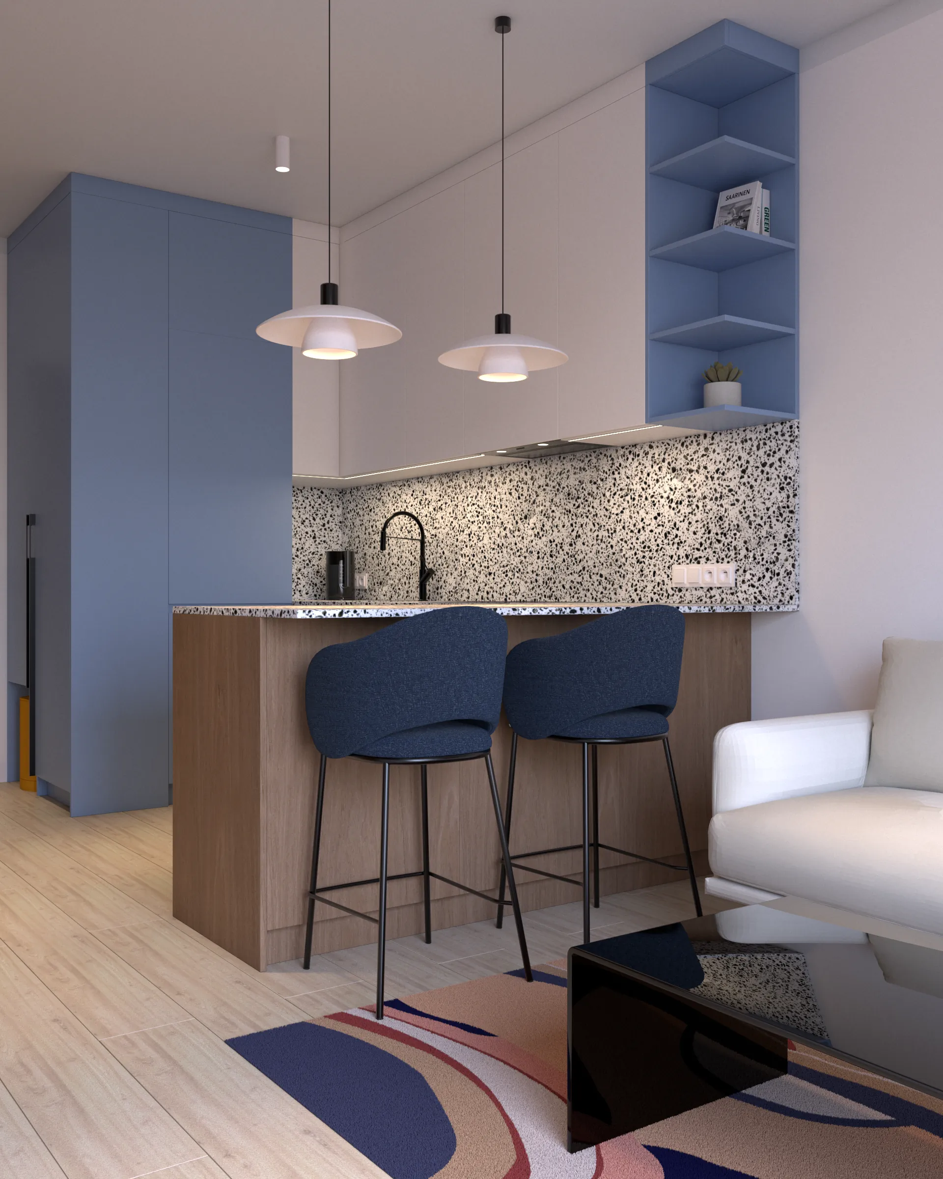 Salon z otwartą kuchnią, wyspą, hokerami i dywanami – artystyczne wnętrza apartamentu w nowoczesnym stylu.