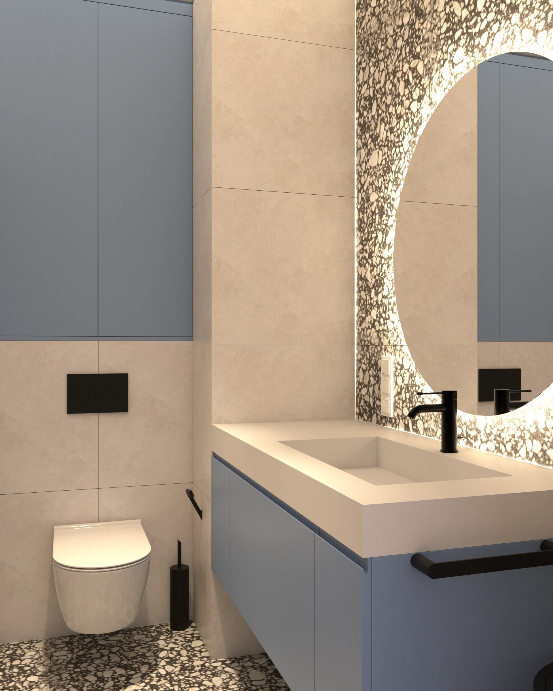 Szafka nad WC sięgająca sufitu maksymalizuje przestrzeń do przechowania w łazience.